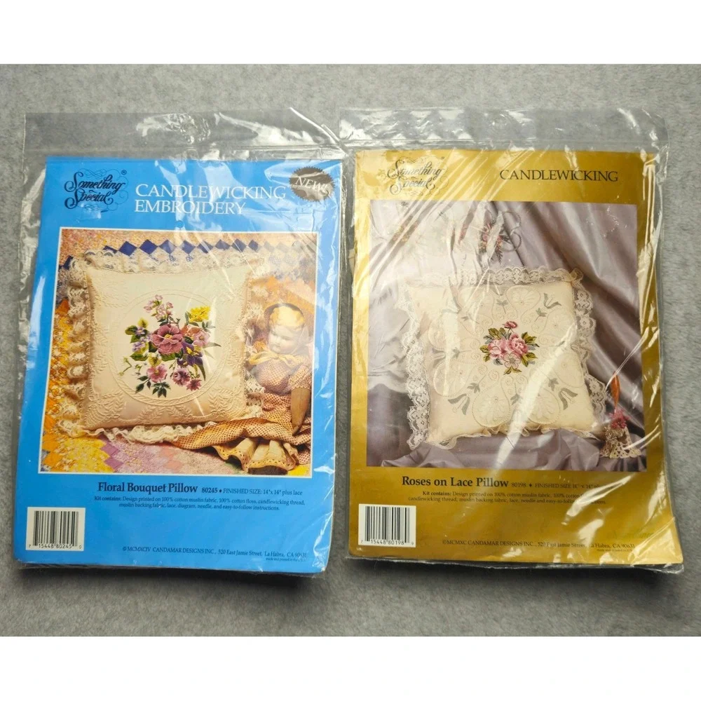Vintage Cross Stitch Pillow Kits Roses on Lace and Floral Bouquet Embroidery Kit